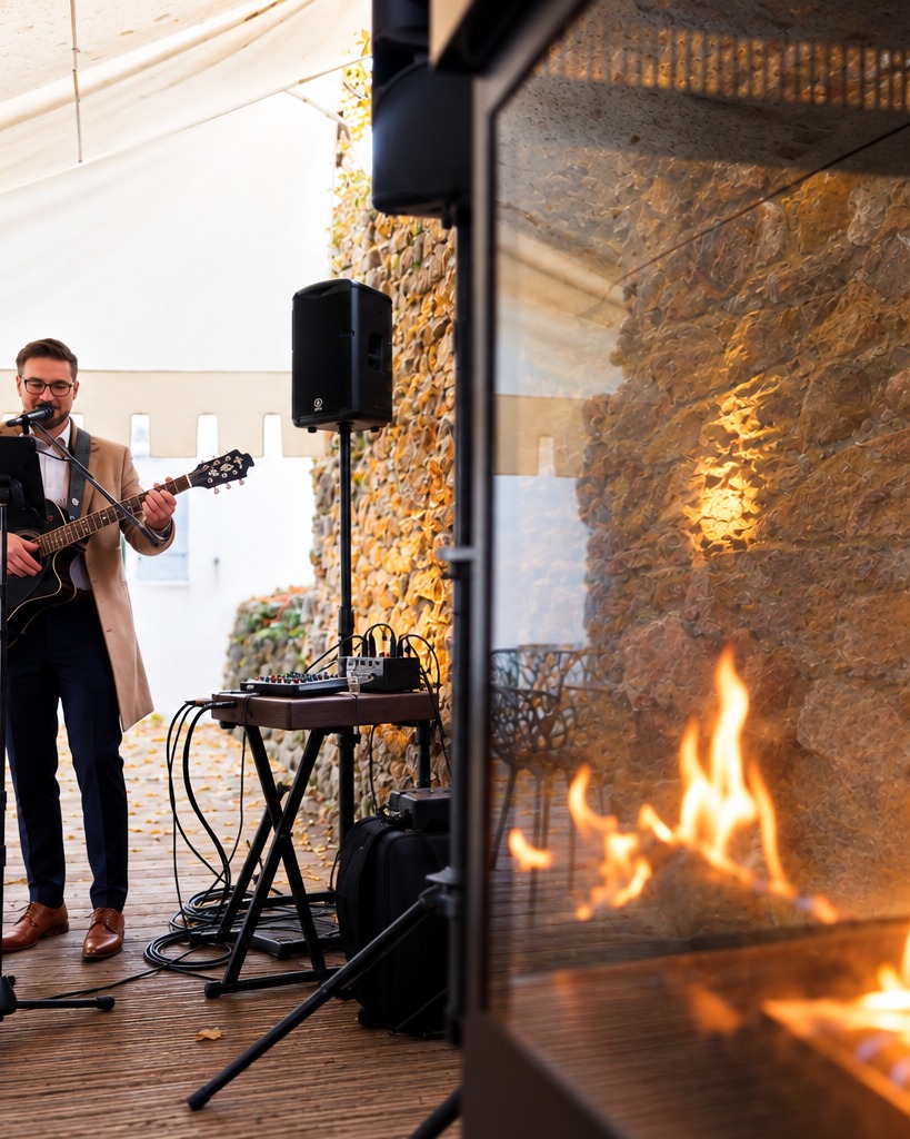 Andy Elscheid spielt Gitarre, im Hintergrund ein offenes Feuer